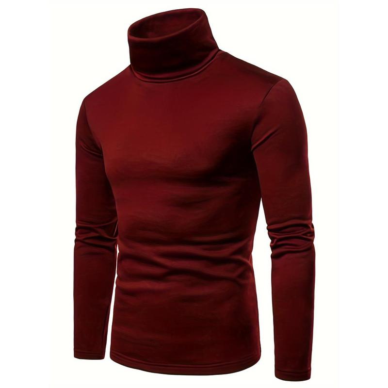 Men's Winter Warm Pullover, Turtleneck Slim Fit Stretch T-shirt, Solid Color Long-Sleeved Top Knitwear Menswear