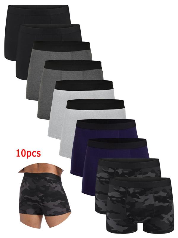 Men's 10pcs Solid Color & Camo Print Contrast Tape Boxer Briefs, Mens Clothing, Casual Comfy Breathable Panty for Daily Wear, Men Shorts Underwear for All Seasons, Boxers for Men, Breathable Underwear