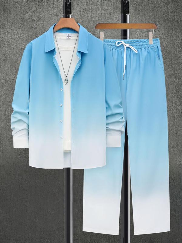 Men's Ombre Print Button Front Shirt & Drawstring Waist Pants Two-piece Set, Regular Fit Casual Drop Shoulder Long Sleeve Top & Pocket Trousers for Spring & Fall, Men's Two-piece Outfits for Daily Wear