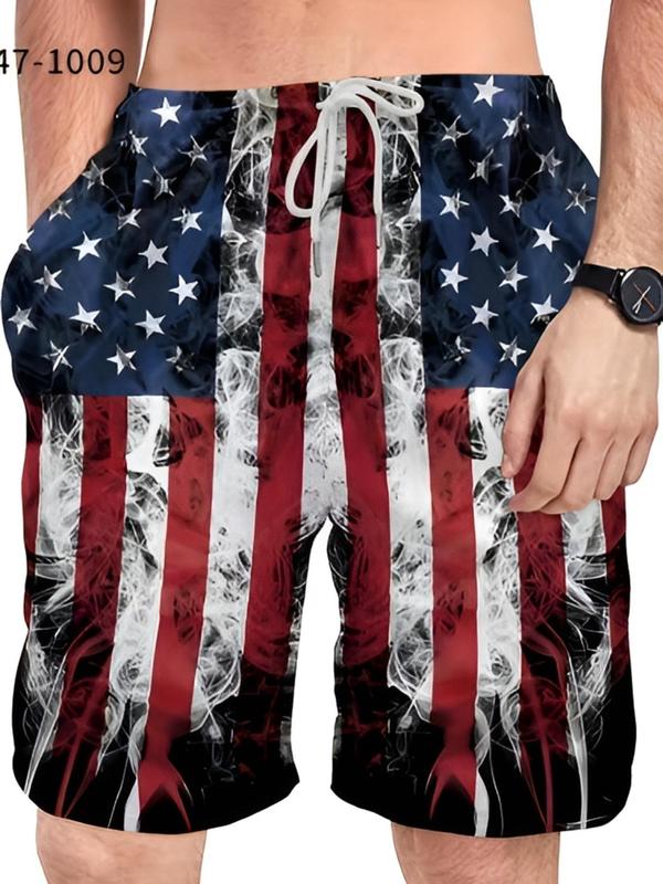 Men's Loose Flag Print Drawstring Waist 4th of July Shorts, Casual Pocket Elastic Waist Shorts for Summer, Back-to-School Clothing, Mens Bottoms for Daily Wear