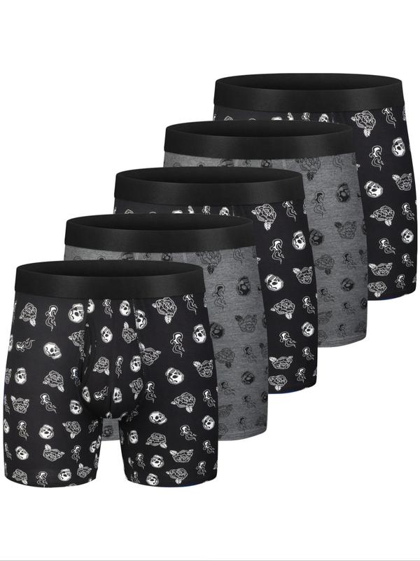 Men's Floral & Skeleton Hand Print Tape Boxer Brief, Casual Comfy Breathable Underwear for Daily Wear, Men's Underwear for All Seasons