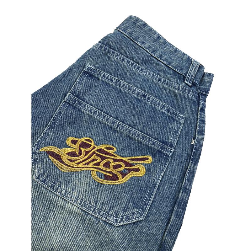 Street JNCO embroidery washed retro loose jeans hip-hop Harajuku trend black Y2K slightly wide unisex trousers Vintage Embroidery