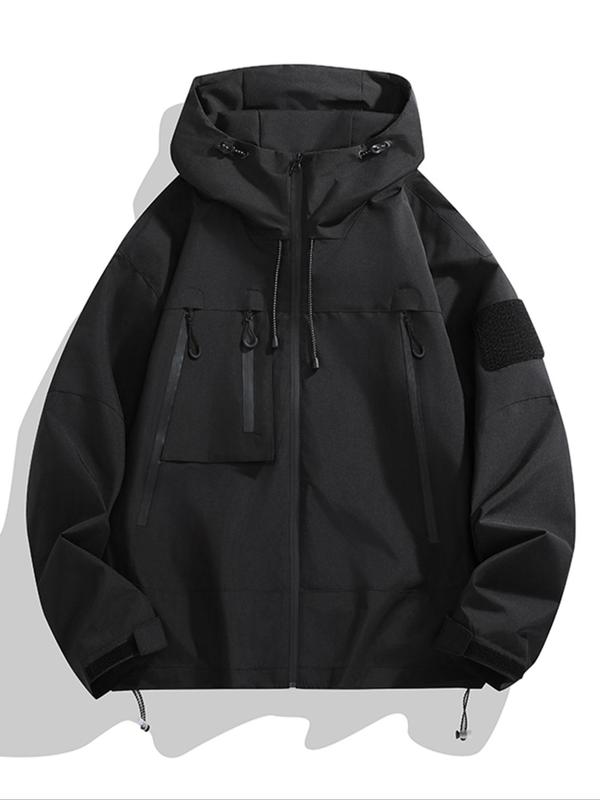 Men's Solid Pocket Drawstring Hooded Jacket, Loose Casual Long Sleeve Zip Up Outerwear for Spring & Fall, Fashion Men's Clothes for Daily Wear