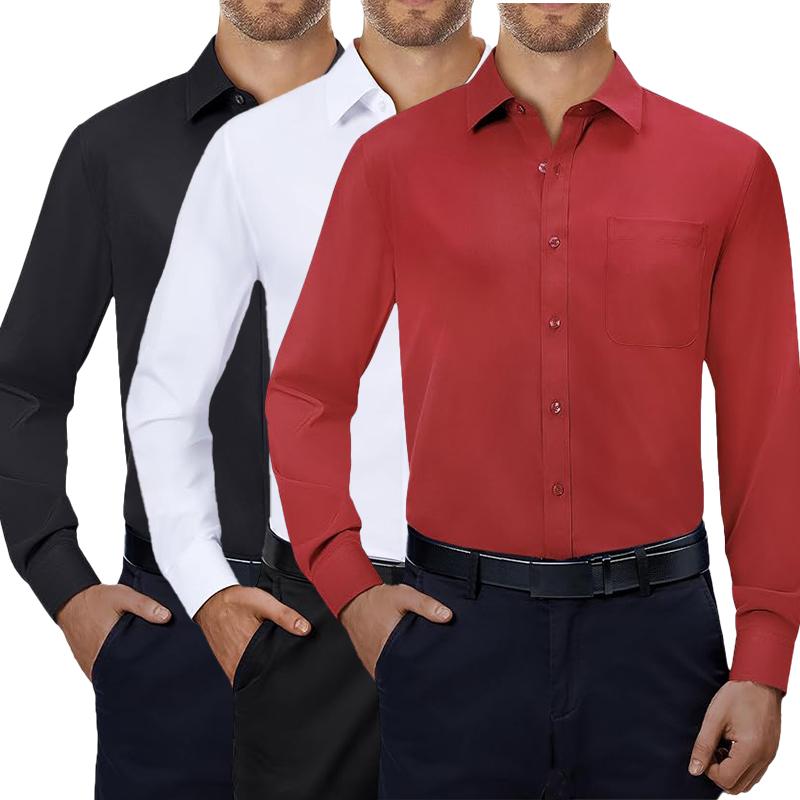 3-Pack Mens  4-way Streth Long Sleeve Collared Solid Wedding Dating Button Down Dress Shirts