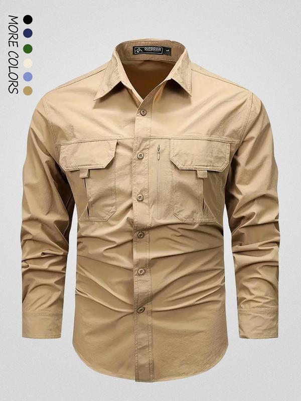 Men's Solid Pocket Button Front Shirt, Regular Fit Casual Long Sleeve Collared Top for Fall, Fashion Men's Clothes for Daily Wear