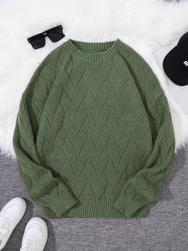 Men's Solid Drop Shoulder Jacquard Cable Knit Sweater, Fall Outfits, Fallfreshness Regular Fit Casual Long Sleeve Round Neck Jumper for Fall & Winter, Fashion Men's Knitwear for Daily Wear