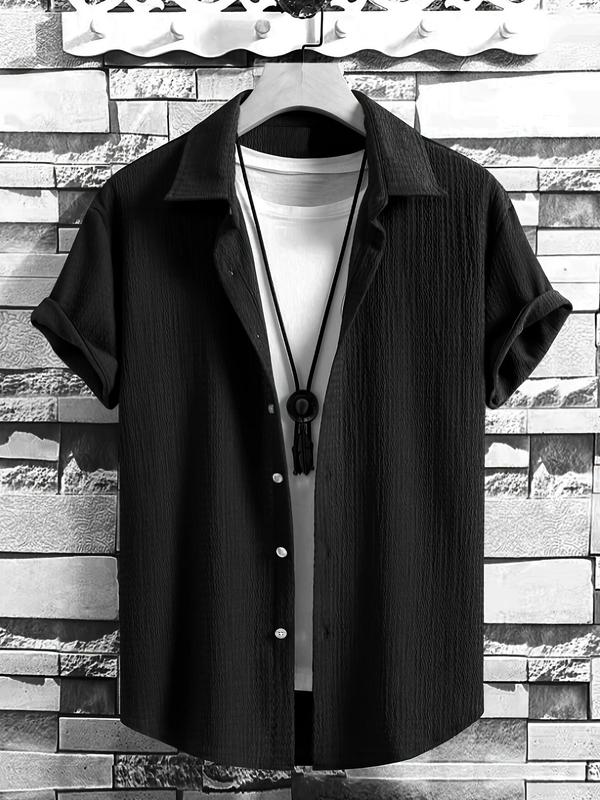 Men's Textured Button Front Shirt Without Tee & Necklace, Casual Short Sleeve Collar Shirt for Summer, Fashion Men's Top for Daily Wear