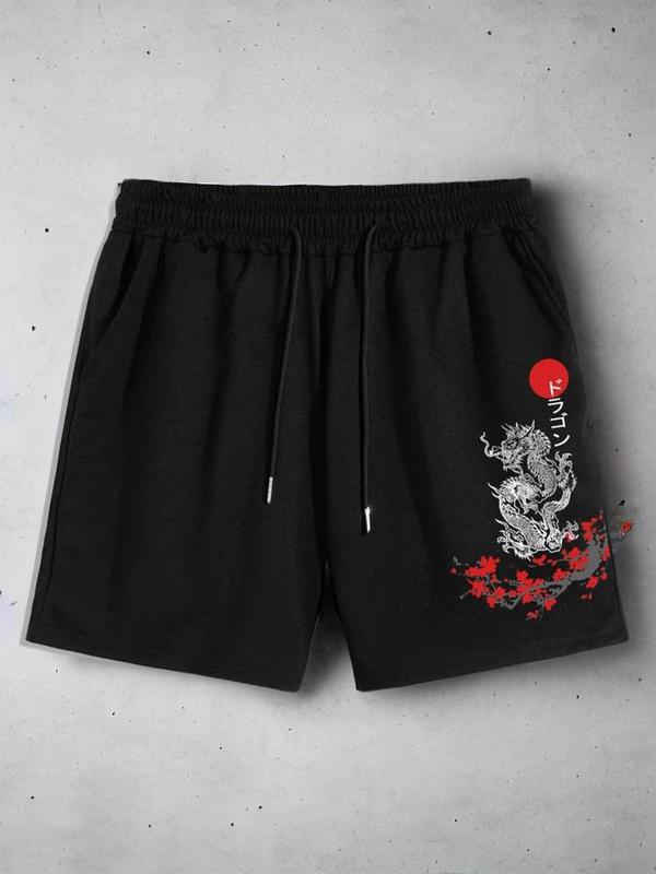 Men's Regular Fit Dragon & Floral Print Drawstring Shorts, Casual Elastic Waist Pocket Track Shorts for Daily Outdoor Wear, Summer Shorts, Men's Streetwear Bottoms for All Seasons