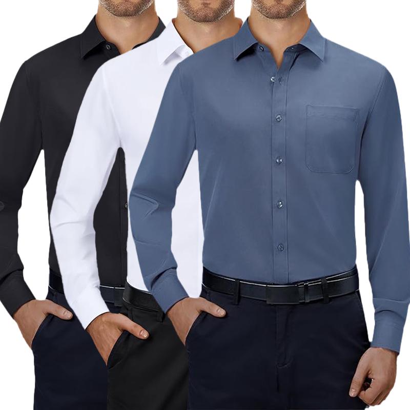 3-Pack Mens  4-way Streth Long Sleeve Collared Solid Wedding Dating Button Down Dress Shirts