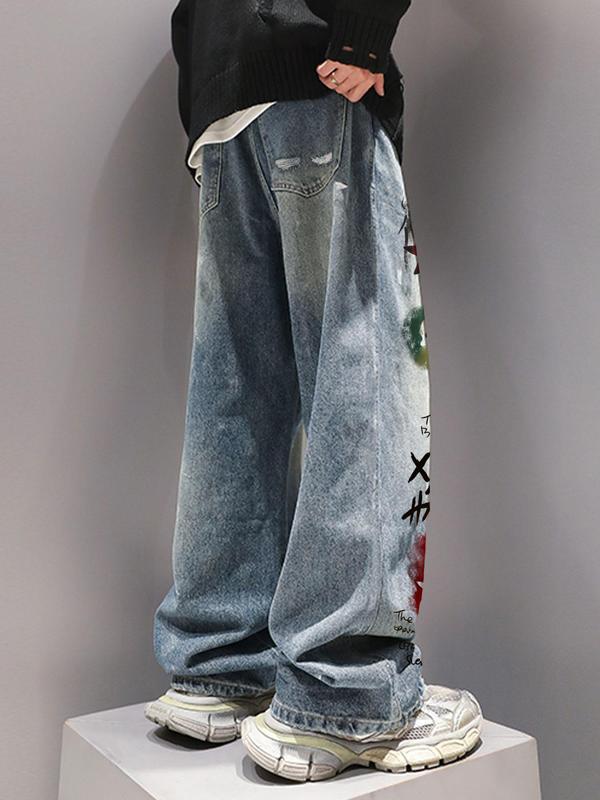 Unisex's Denim-effect & Skull Print Ripped Zipper Fly Straight Leg Pants, Loose Street Fashion Pocket Button Pants for Daily Wear, Menswear for All Seasons