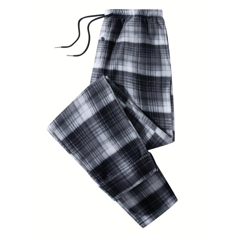 New-2pcs Plaid Pattern Men's Flannel Warm Long Drawstring Trousers With Pockets, Winter Fall Outdoor Casual Fabric