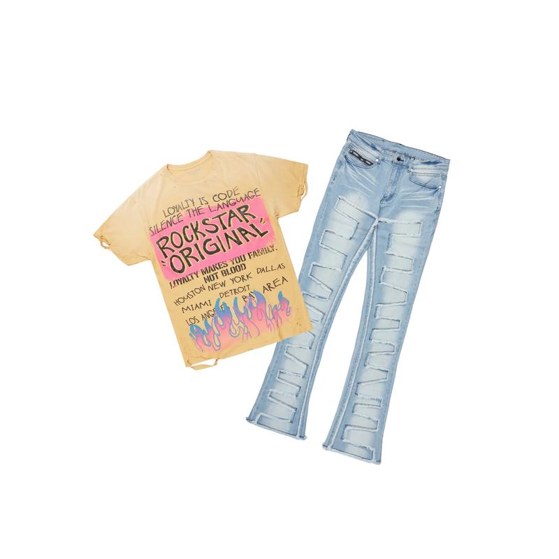 Beno Beige T-Shirt & Shake Blue Stacked Flare Jean Bundle