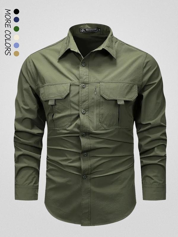 Men's Solid Pocket Button Front Shirt, Regular Fit Casual Long Sleeve Collared Top for Fall, Fashion Men's Clothes for Daily Wear