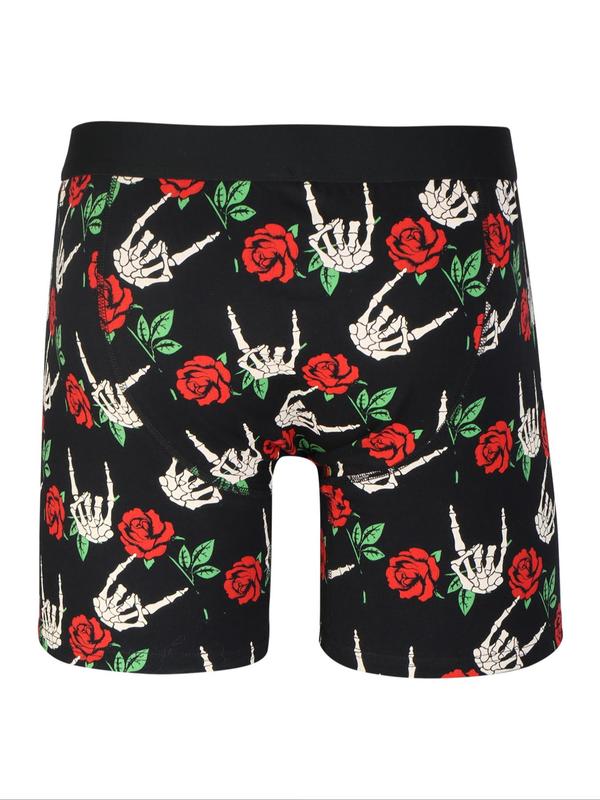 Men's Floral & Skeleton Hand Print Tape Boxer Brief, Casual Comfy Breathable Underwear for Daily Wear, Men's Underwear for All Seasons