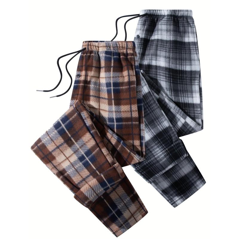 New-2pcs Plaid Pattern Men's Flannel Warm Long Drawstring Trousers With Pockets, Winter Fall Outdoor Casual Fabric