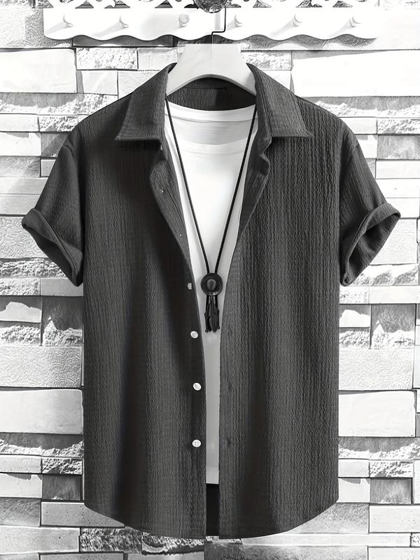 Men's Textured Button Front Shirt Without Tee & Necklace, Casual Short Sleeve Collar Shirt for Summer, Fashion Men's Top for Daily Wear