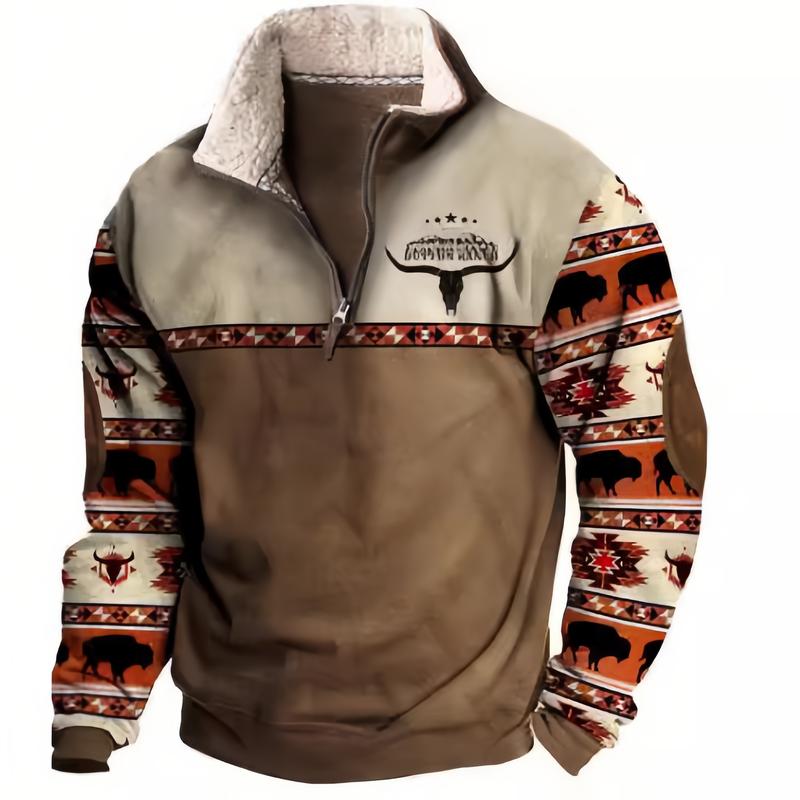 Men's Western Fleece Pullover Hoodie- Cozy Half-Zip Sweater with Vintage Tribal Print, Perfect for Winter Warmth