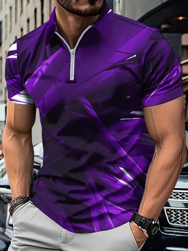 Men's All Over Print Zipper Polo Shirt, Casual Regular Fit Short Sleeve Top for Summer, Streetwear, Fashion Men's Clothes for Daily Wear