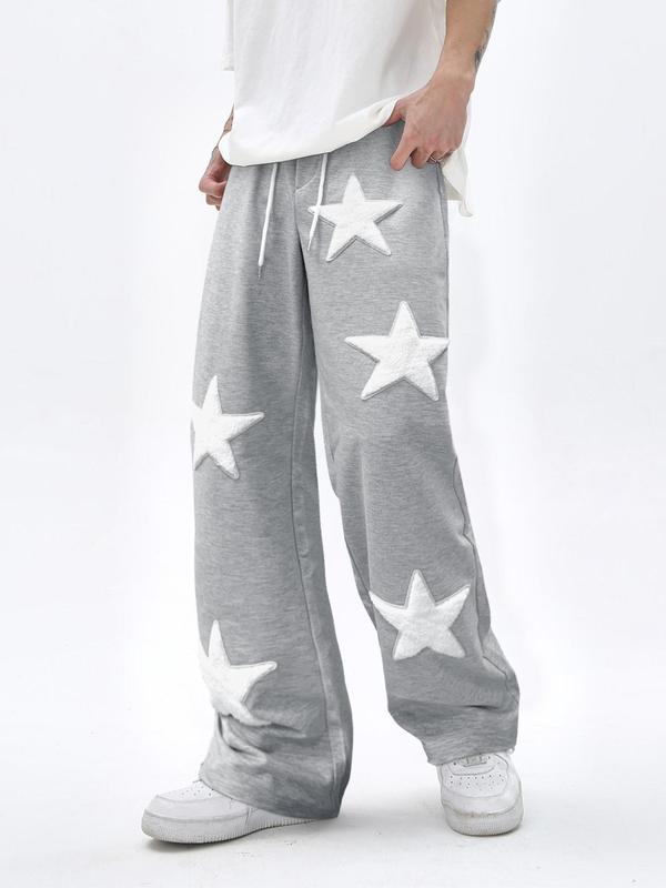 Men's Star Embroidery Drawstring Waist Sweatpants, Casual Street Pocket Straight Leg Trousers for Men, Woven Bottoms for All Seasons