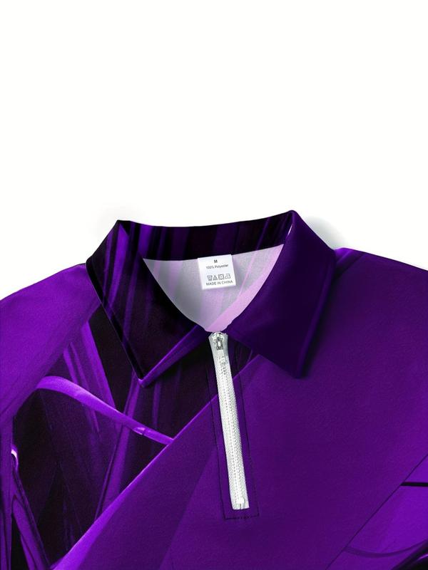 Men's All Over Print Zipper Polo Shirt, Casual Regular Fit Short Sleeve Top for Summer, Streetwear, Fashion Men's Clothes for Daily Wear