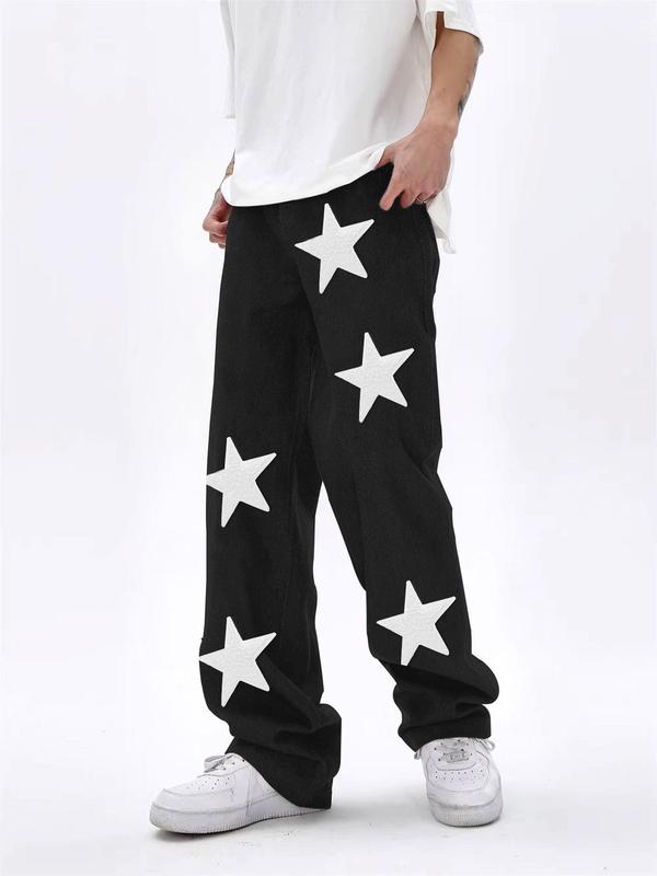 Men's Star Embroidery Drawstring Waist Sweatpants, Casual Street Pocket Straight Leg Trousers for Men, Woven Bottoms for All Seasons