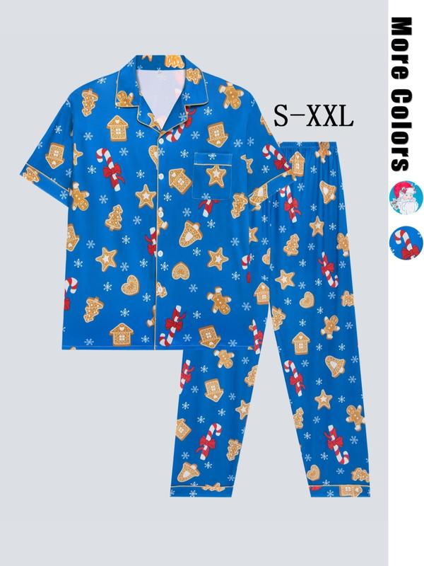 Two-piece Set Men's Christmas Print Lapel Neck Button Front Pajama, Regular Fit Casual Comfy Short Sleeve Pocket Top & Elastic Waist Pants Pj Set, Men's Sleepwear for All Seasons