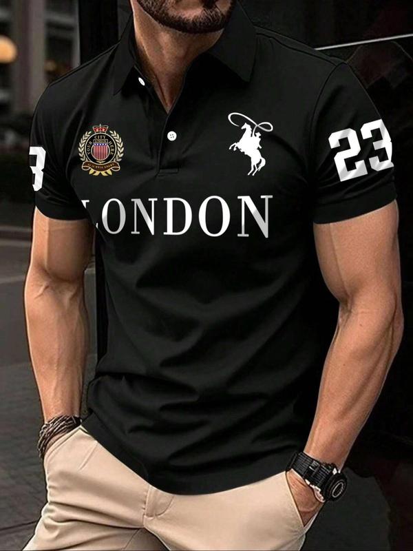 Men's Regular Fit Horse Print Short Sleeve Polo Shirt, Casual Button Front Collared Top for All Seasons, Fashion Men's Clothes for Daily Wear