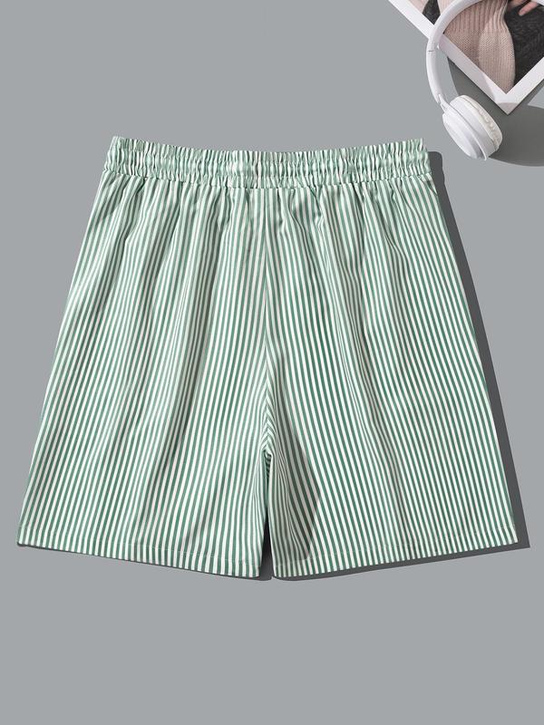 Men's Random Striped Print Pocket Drawstring Shorts, Regular Fit Casual Elastic Waist Straight Leg Shorts for Summer, Men's Bottoms for Beach Vacation