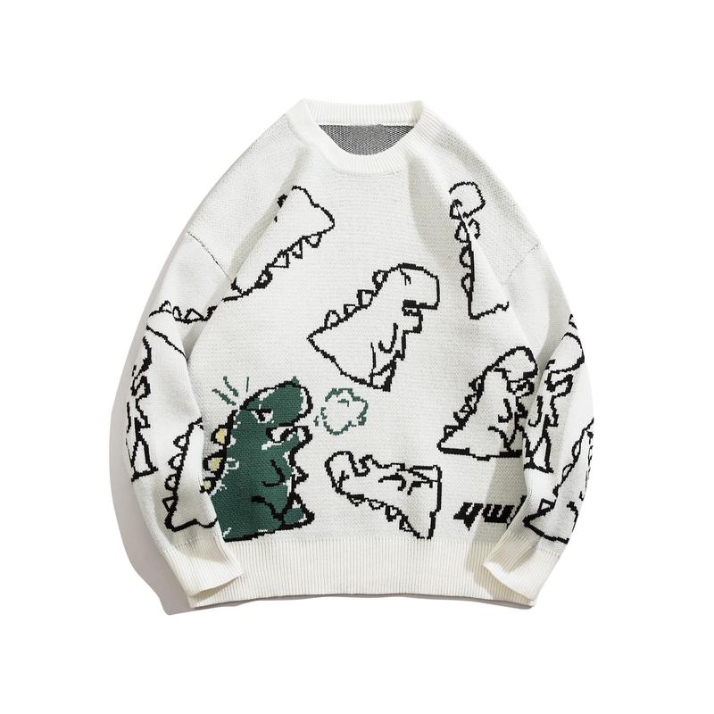 Cartoon Dinosaur Pattern Knitted Sweater, Men's Casual Warm Slightly Stretch Crew Neck Pullover Sweater For Men Fall Winter Knitwear Menswear