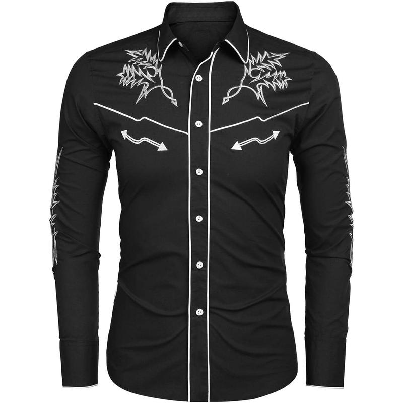 Men's Western Cowboy Shirt Long Sleeve Embroidered Shirt Slim Fit Cotton Casual Button Down Shirt