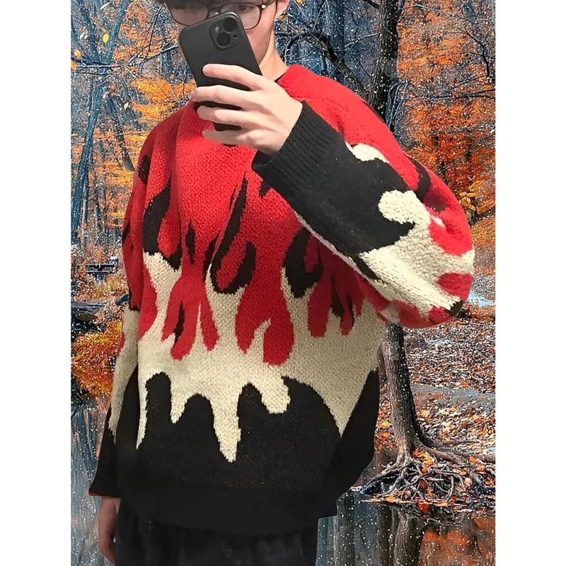 Men's Oversized Sweater Y2K Aesthetic Flame Graphic Crewneck Knit Pullover Unisex Casual Sweaters