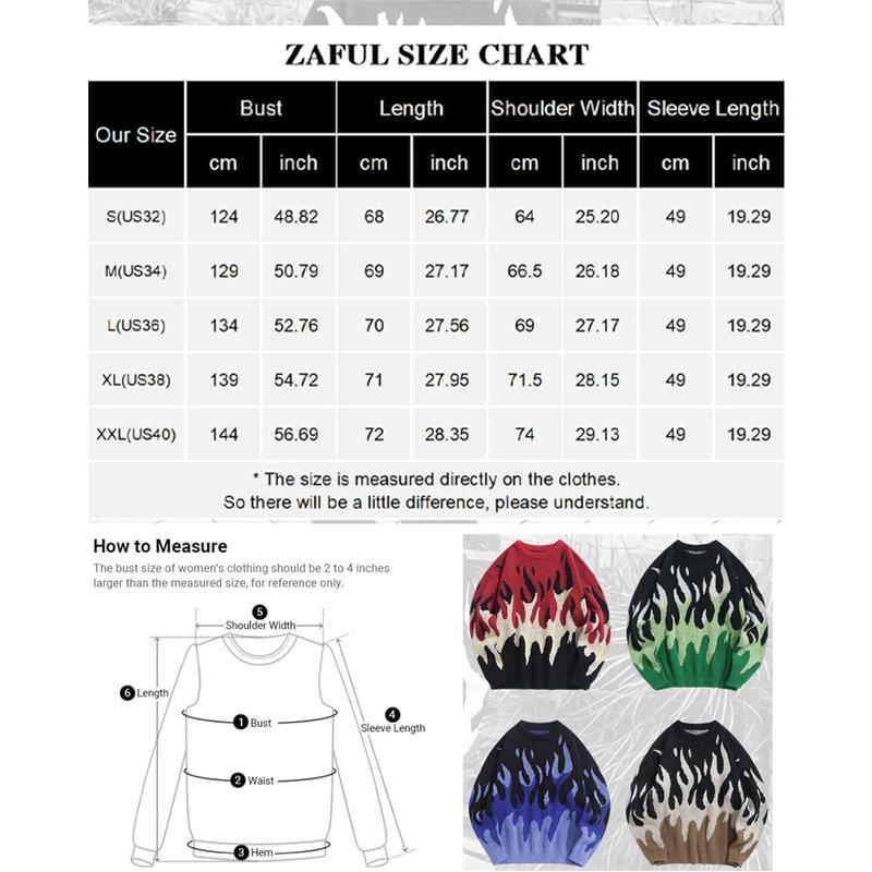 Men's Oversized Sweater Y2K Aesthetic Flame Graphic Crewneck Knit Pullover Unisex Casual Sweaters