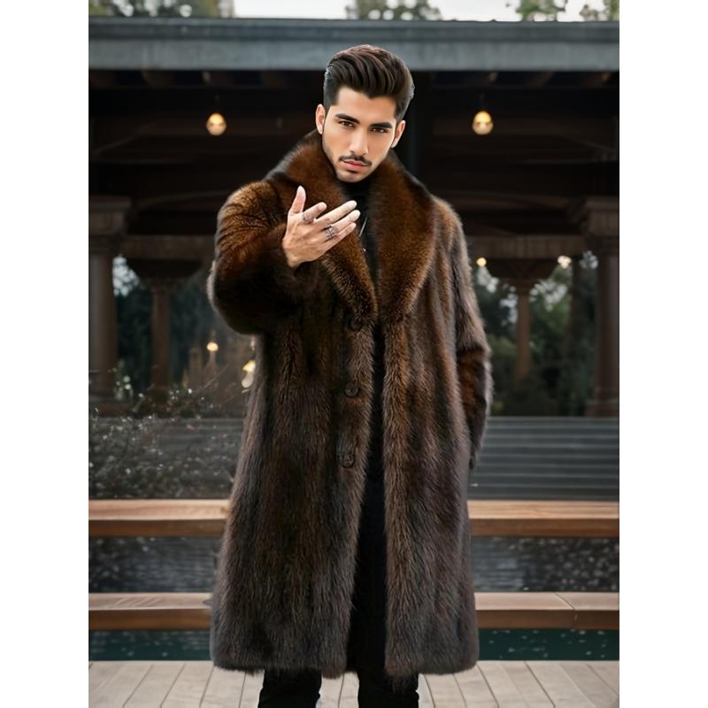 Fashionable Design Men's Faux Fur Single Breasted Overcoat, Trendy And Elegant Warm Long Jacket For Autumn And Winter Outdoors Leisurewear Collar Fabric Collar Fabric Collar Fabric Collar Fabric Collar Fabric Collar Fabric