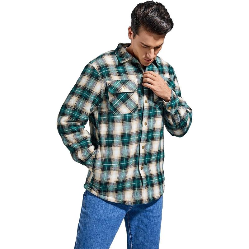 Men's Sherpa Lined Cotton Flannel Shirt Jacket Plaid Button Up Jacket Coat for Men with Pocket