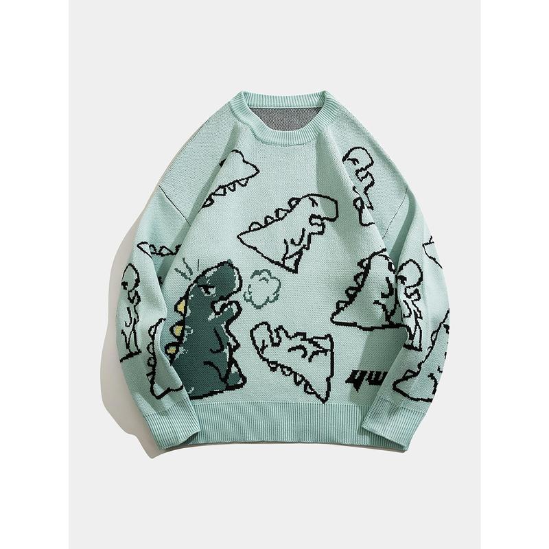 Cartoon Dinosaur Pattern Knitted Sweater, Men's Casual Warm Slightly Stretch Crew Neck Pullover Sweater For Men Fall Winter Knitwear Menswear