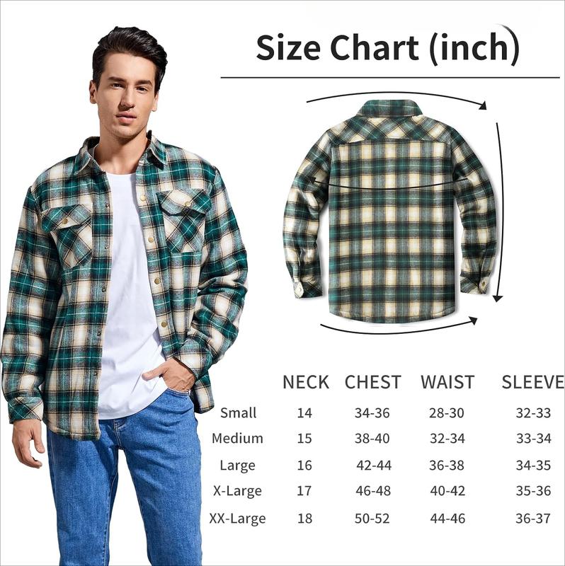 Men's Sherpa Lined Cotton Flannel Shirt Jacket Plaid Button Up Jacket Coat for Men with Pocket