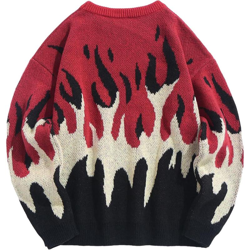 Men's Oversized Sweater Y2K Aesthetic Flame Graphic Crewneck Knit Pullover Unisex Casual Sweaters