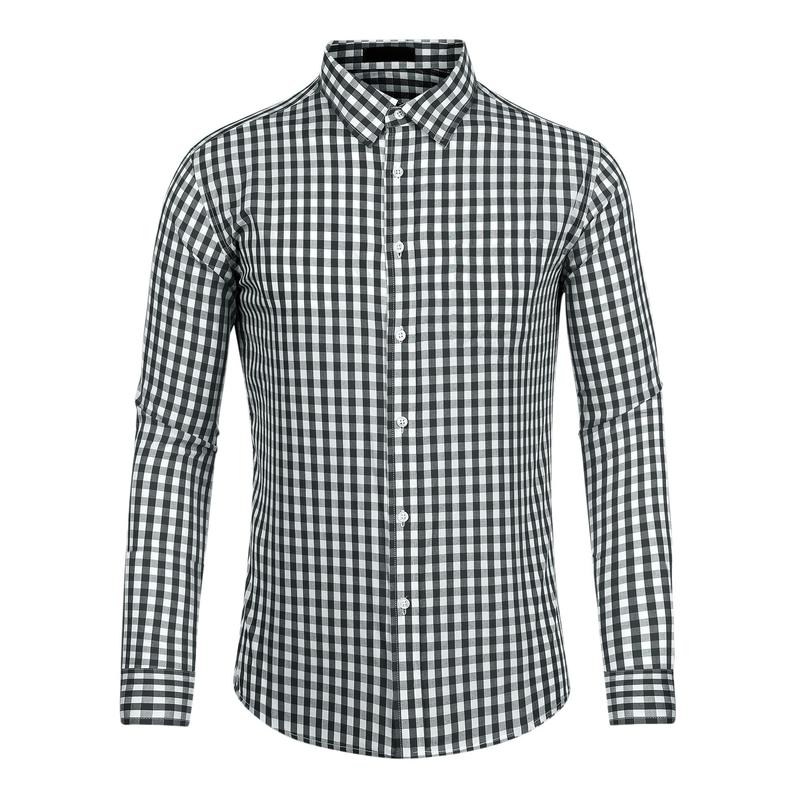 Lars Amadeus Men's Plaid Shirt Button Down Long Sleeves Dress Gingham Checkered Shirts Black White