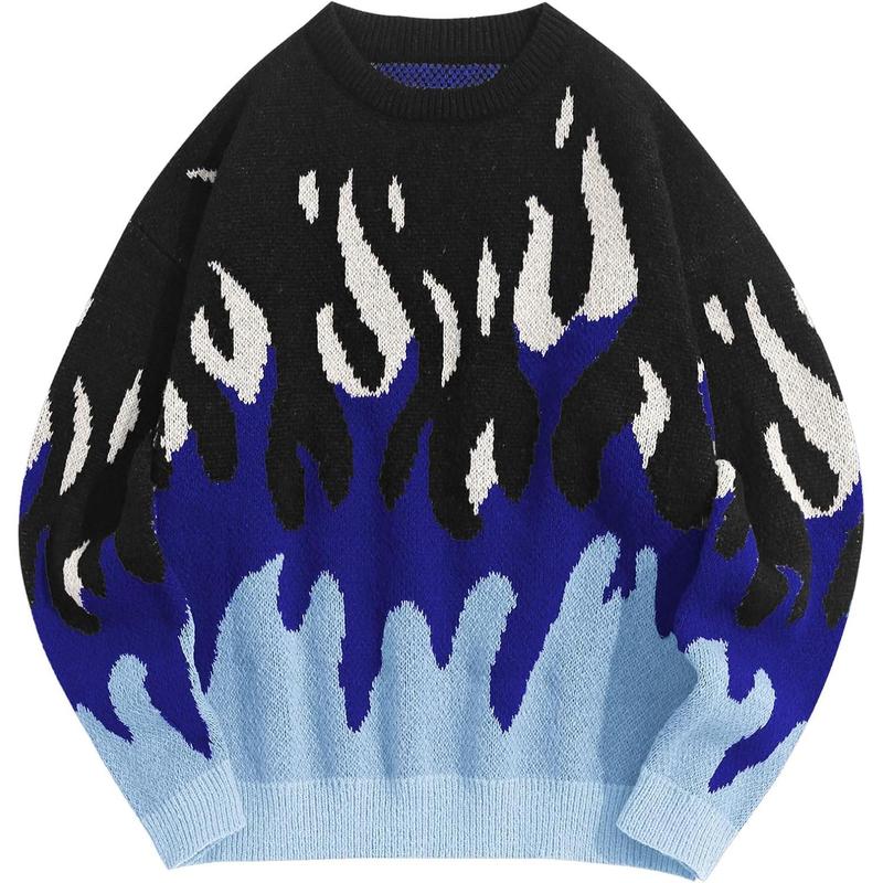 Men's Oversized Sweater Y2K Aesthetic Flame Graphic Crewneck Knit Pullover Unisex Casual Sweaters