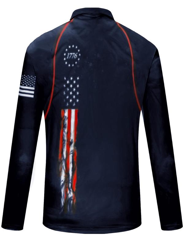 Men's Flag & Number Print Half Zip Polo Shirt, Regular Fit Casual Long Sleeve Collared Top for Independence Day, Fashion Men's Clothes for All Seasons