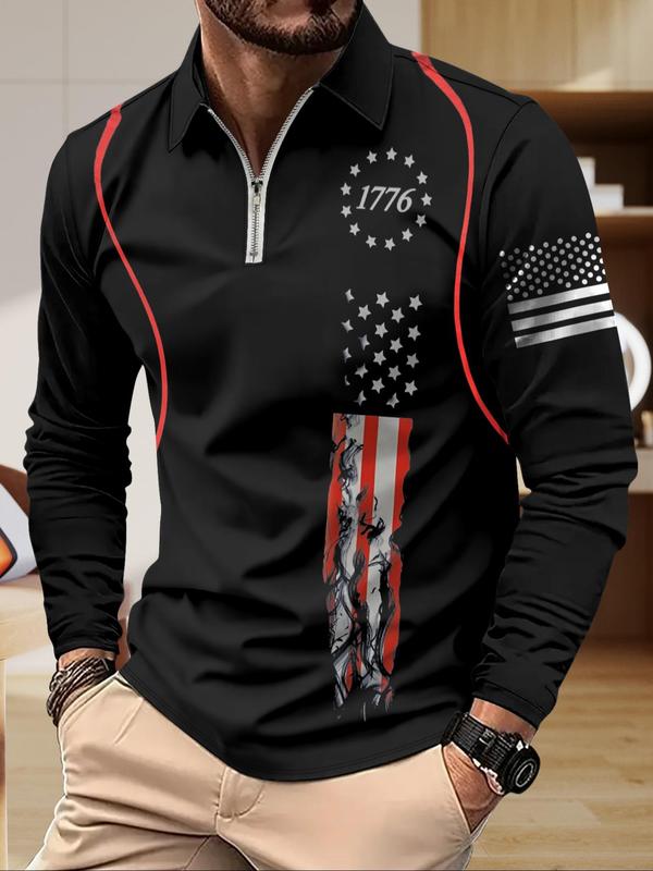 Men's Flag & Number Print Half Zip Polo Shirt, Regular Fit Casual Long Sleeve Collared Top for Independence Day, Fashion Men's Clothes for All Seasons