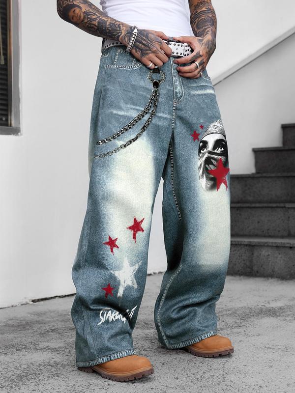 Unisex's Star & Figure & Denim-Effect Print Pocket Straight Leg Pants, Street Fashion Casual Button Fly Trousers for Daily Wear, Mens Bottoms for All Seasons