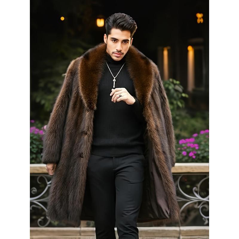 Fashionable Design Men's Faux Fur Single Breasted Overcoat, Trendy And Elegant Warm Long Jacket For Autumn And Winter Outdoors Leisurewear Collar Fabric Collar Fabric Collar Fabric Collar Fabric Collar Fabric Collar Fabric