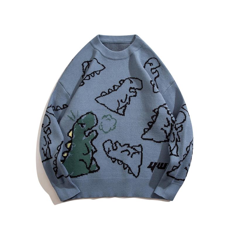 Cartoon Dinosaur Pattern Knitted Sweater, Men's Casual Warm Slightly Stretch Crew Neck Pullover Sweater For Men Fall Winter Knitwear Menswear