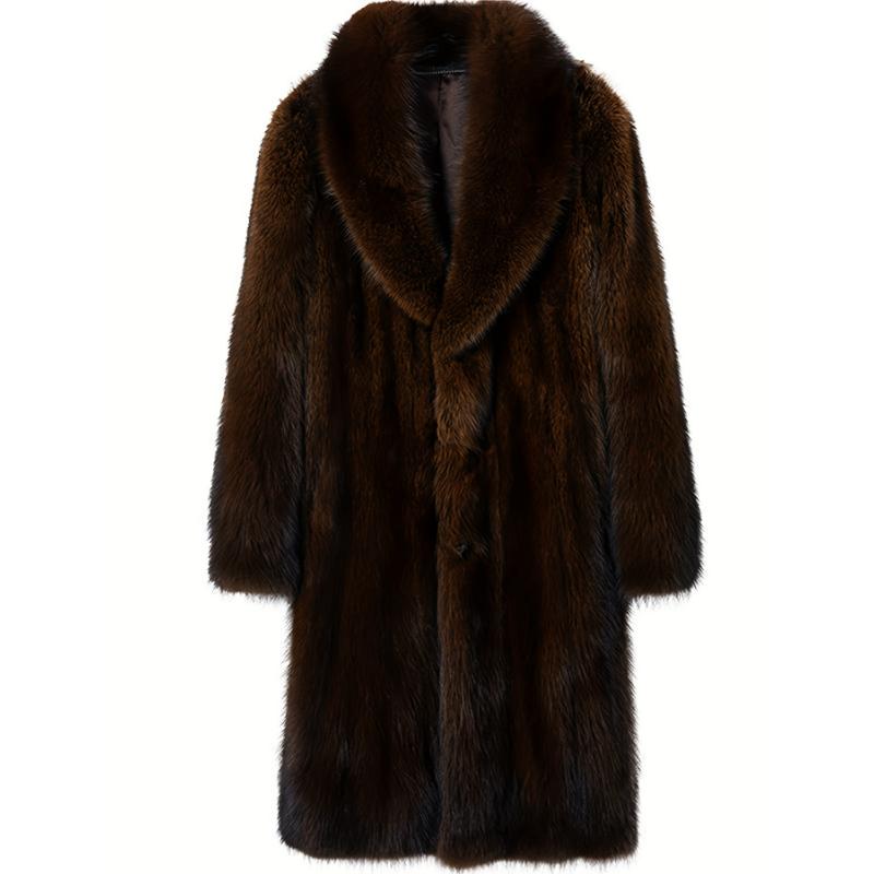 Fashionable Design Men's Faux Fur Single Breasted Overcoat, Trendy And Elegant Warm Long Jacket For Autumn And Winter Outdoors Leisurewear Collar Fabric Collar Fabric Collar Fabric Collar Fabric Collar Fabric Collar Fabric