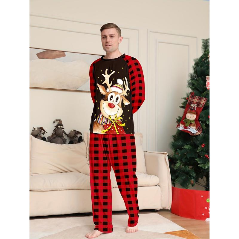 Men's Casual Christmas Home Pajamas Set, Cute Reindeer Cartoon Print Comfy Long Sleeve Crew Neck Sweatshirt & Plaid Loose Pants, Men's Outdoor Clothing