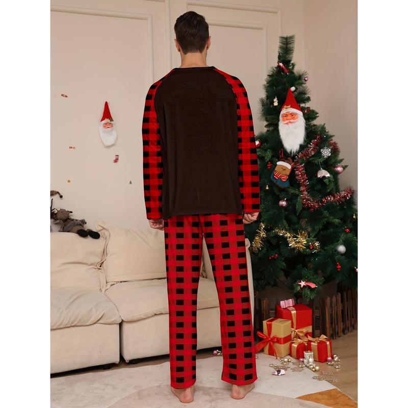 Men's Casual Christmas Home Pajamas Set, Cute Reindeer Cartoon Print Comfy Long Sleeve Crew Neck Sweatshirt & Plaid Loose Pants, Men's Outdoor Clothing