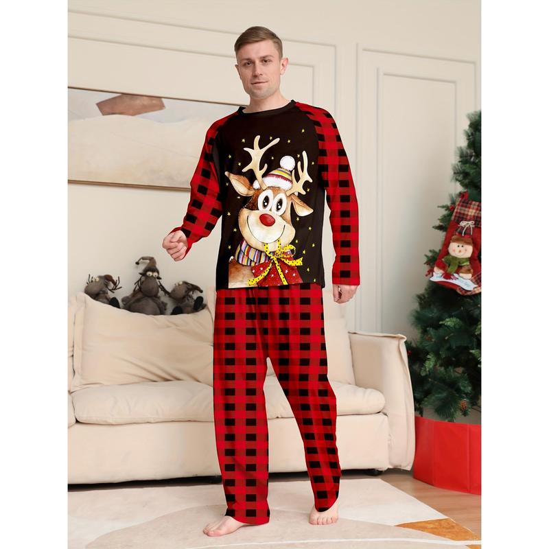 Men's Casual Christmas Home Pajamas Set, Cute Reindeer Cartoon Print Comfy Long Sleeve Crew Neck Sweatshirt & Plaid Loose Pants, Men's Outdoor Clothing