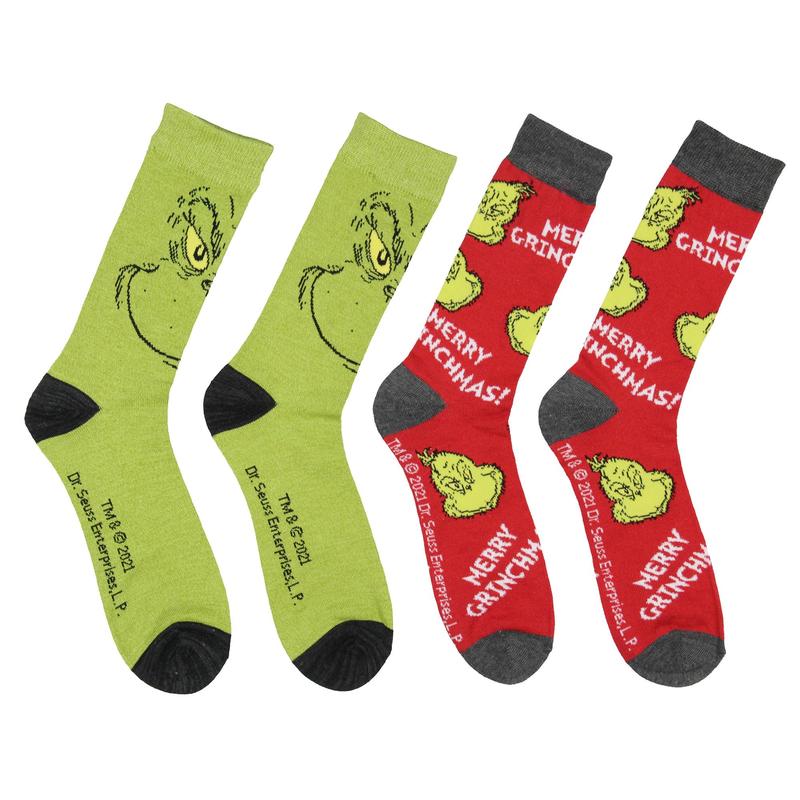 Dr Seuss GRINCH Character Adult Holiday Crew Socks 2 Pair