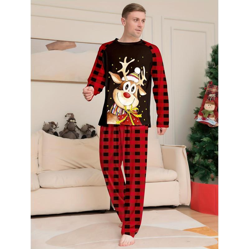 Men's Casual Christmas Home Pajamas Set, Cute Reindeer Cartoon Print Comfy Long Sleeve Crew Neck Sweatshirt & Plaid Loose Pants, Men's Outdoor Clothing